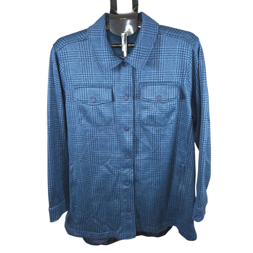 Lands End Womens Blue Houndstooth Knit Snap Front Shirt Shacket 1X 16W-18Wβ